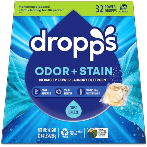 Dropps Odor Stain Biobased Power Laundry Detergent Pods Crisp Breeze HE Compatible Laundry Pods for Fresh Clothes Laundry Soap Supplies Recyclable Paperboard Packaging
